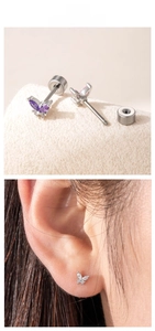 Detail of mini zircon butterfly stud earrings with secure screw back flat base design