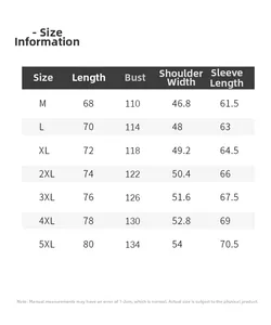 Size chart table for casual outdoor jacket showing measurements from M to 5XL