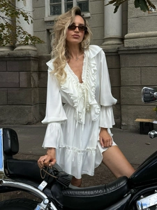 Elegant V Neck Ruffle Mini Dress Long Bell Sleeve Solid Color Elastic Waist Viscose Blend Sweet Fashion For Women