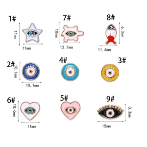 Detailed size chart for nine evil eye alloy beads including star, turtle, and heart shapes