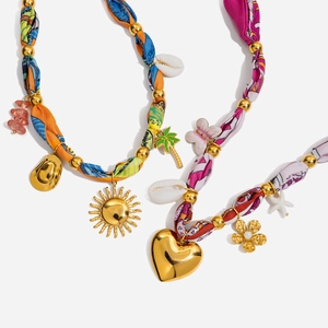 Bohemian Resort Style Stainless Steel Scarf Necklace For Women With Heart Butterfly Shell Pendants Printed Fabric Jewelry