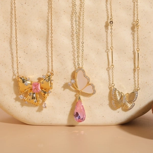 Butterfly Pendant Necklace Copper With Zircon And Shell Pink Stone Elegant Light Luxury Jewelry For Women