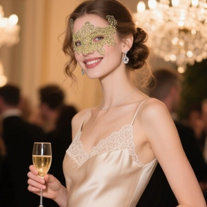 Elegant gold lace masquerade mask worn by a female guest at a luxury ballroom party