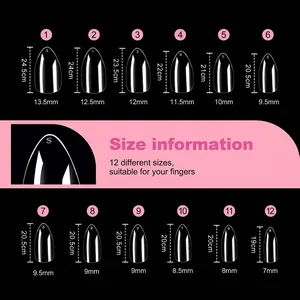 Size chart for 120pcs clear medium almond press-on nails with 12 specific dimensions
