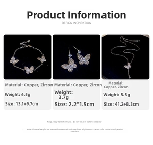 Detailed size chart for butterfly jewelry set including necklace, earrings, and bracelet