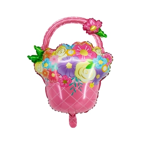 Close-up of pink flower basket aluminum foil balloon with vibrant colorful floral patterns