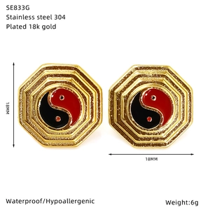 Detail view of 18k gold plated 304 stainless steel octagon yin-yang earrings at 18mm size