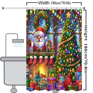 Christmas waterproof polyester shower curtain with Santa Claus and tree, 180x180cm size