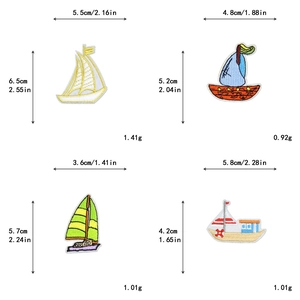 Detailed size chart for multi-color pirate ship and sailboat embroidered iron-on patches