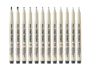 Detailed set of 12 black waterproof fineliners from 0.05mm to BR brush for drawing