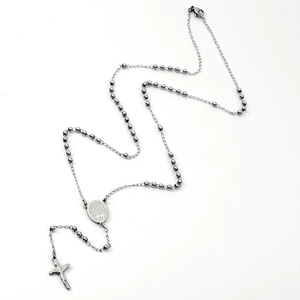 Religious stainless steel rosary necklace with cross pendant and virgin mary medal on white