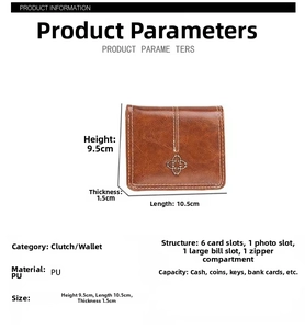 Brown PU leather wallet detail showing dimensions 9.5x10.5x1.5cm and multi-slot structure
