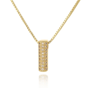 Macro shot of 18K gold plated rectangular pendant with micro-pave white zircon and box chain