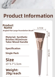 Detail view of angled foundation brush with soft bristles and wooden handle specifications