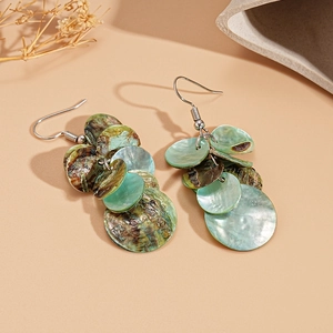 Vintage green abalone shell geometric drop earrings with silver hooks for beach vacations
