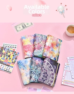 Detail of six colorful A6 PU leather budget binders with bohemian mandala and galaxy patterns