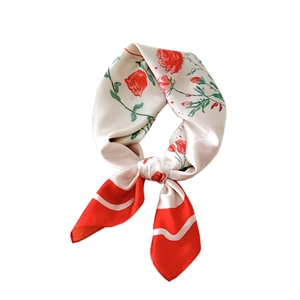 Red rose floral silk scarf in cream satin with contrast red borders and elegant neck tie knot