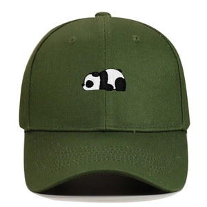 Close-up of cute panda embroidery on dark green cotton twill baseball cap with stitching detail