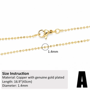 Detail of 1.4mm gold beaded chain necklace with lobster clasp and size specifications