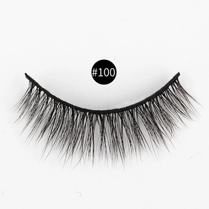 Macro detail of 3D dense natural black false eyelashes model #100 on white background