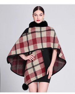 Close-up of faux rabbit fur collar and plaid jacquard pattern on a winter poncho