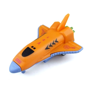 Pull-back space shuttle toy with orange body and blue wings for children's aviation play