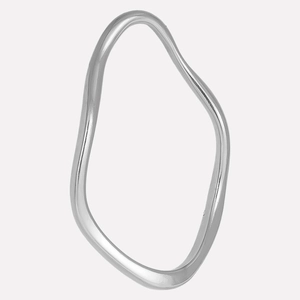 Close-up of a minimalist irregular fluid-shaped silver bracelet in polished stainless steel