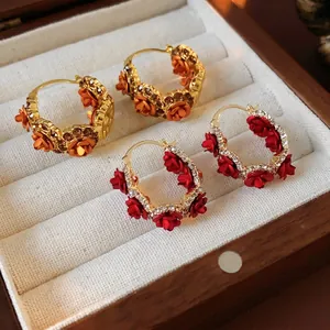 Vintage 3D Rose Flower Hoop Earrings Rhinestones 925 Sterling Silver Earring Post Gold Plated French Style Women