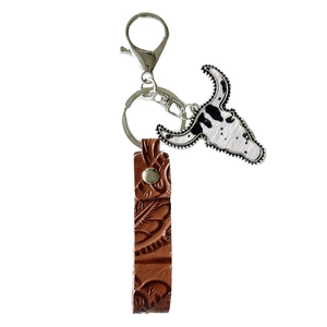 Western style genuine leather bull head keychain with embossed vintage brown strap