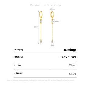 Detailed size specifications of S925 silver long tassel earrings with marquise zircon stones