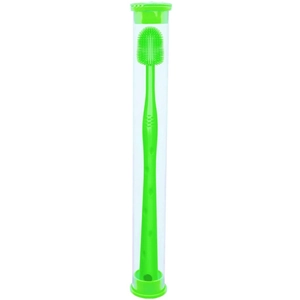 Detail of the green silicone pet toothbrush with ergonomic handle and storage tube