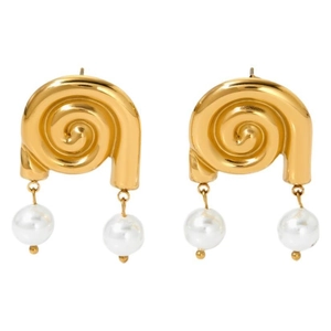 Gold plated stainless steel conch shell earrings with double white pearls for beach style