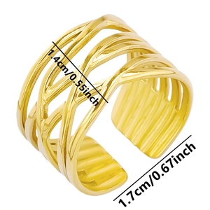 Detail view of gold woven ring with 1.4cm width and 1.7cm adjustable opening size