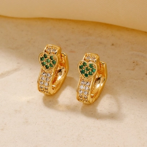 Golden heart earrings with green stones and white cubic zirconia crystals