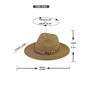 Khaki wide brim straw fedora hat with chunky gold chain decoration and size markings