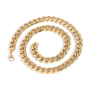 Polished 11mm gold stainless steel Cuban link chain necklace for men in coiled view