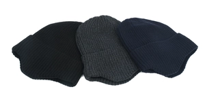 Three-piece rib-knit winter beanies in black, dark grey, and navy blue with fold-over cuffs