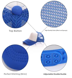 Detail of adjustable snapback and breathable mesh on blue and white trucker hat