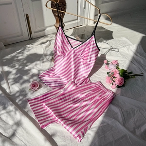 Pink striped satin pajamas set with V-neck camisole and matching shorts for women