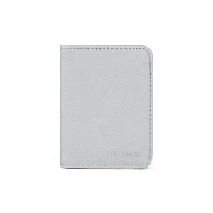 Slim light gray pebbled leather business card wallet with minimalist embossed logo