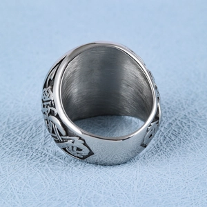Vintage Viking nautical seal ring in silver stainless steel with Nordic knot relief