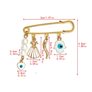 Detailed size measurement chart for the evil eye safety pin brooch with charms