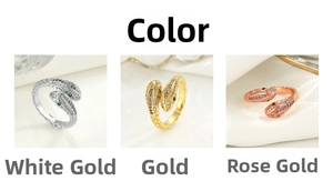 Three color variants of snake rings in silver, gold, and rose gold with zircon stones