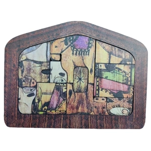 Handcrafted wooden nativity puzzle in house-shaped frame for Christmas home decor