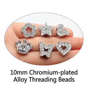 Alloy chrome slider charms with rhinestones and 10mm hole for DIY wristbands