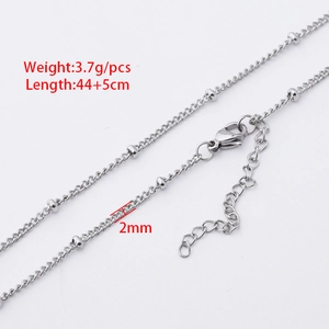 2mm stainless steel bead chain necklace with lobster clasp and extension, length 44+5cm