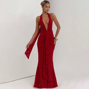 Elegant red deep V-neck halter gown with pleated details and backless floor-length design