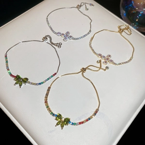 Adjustable zircon butterfly and cross charm bracelet set in gold and silver plating