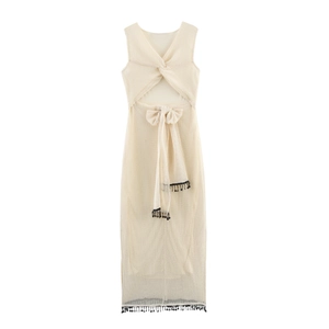 Mesh Strick Maxi Kleid Ärmellos Ausschnitt Quasten Pailletten Rückenbindung Urlaub Elegant Strandmode Damen Creme