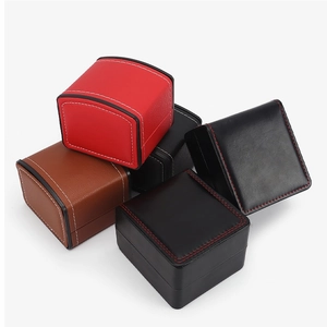 Premium matte PU leather watch boxes in black, brown and red with stitch detailing